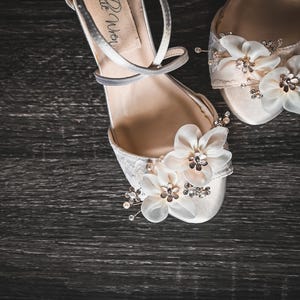 Custom Bridal Shoes, Flower Bride Shoes, Lace Bridal Heels, Chiffon Flower Wedding Shoes, High Heel Bride Shoes, Bridal Sandals