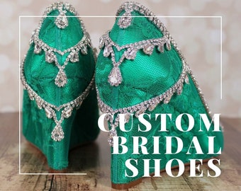 Custom Bridal Shoes, Emerald Wedding Shoes, Green Bride Shoes, Wedding Wedges, Lace Wedding Shoes, Silver Crystal Bridal Wedges