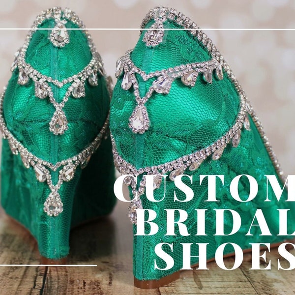 Custom Bridal Shoes, Emerald Wedding Shoes, Green Bride Shoes, Wedding Wedges, Lace Wedding Shoes, Silver Crystal Bridal Wedges
