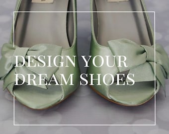 Custom Wedding Shoe Consultation, Green Wedding Shoes, Green Bridal Shoes, Wedding Wedges, Bow Bridal Heels, Pale Green Bride Shoes