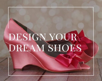 Custom Wedding Shoe Consultation, Design Your Own Bridal Shoes, Pink Wedges, Bow Bridal Heels, Unique Wedding Shoes, Wedge Bride Shoes