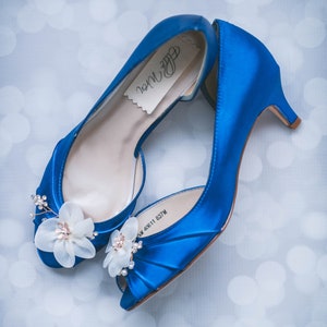 Blue Bridal Heels, Flower Bridal Shoes, Custom Wedding Shoes, Chiffon Flower Shoes for Bride, Royal Blue Wedding Shoes, Blue Bride Shoes
