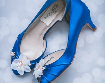 Blue Bridal Heels, Flower Bridal Shoes, Custom Wedding Shoes, Chiffon Flower Shoes for Bride, Royal Blue Wedding Shoes, Blue Bride Shoes