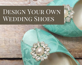 Custom Wedding Shoes, Aqua Bridal Shoes, Lace Bridal Heels, Handmade Wedding Shoes, Open Toe Bride Shoes, Crystal Heels, Pearl Wedding Shoes