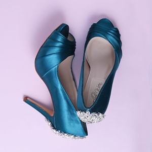 Dark Turquoise Wedding Heels, Crystal Heel Wedding Shoes, Blue Wedding Shoes, High Heel Shoes, Bling Bridal Heels, Custom Wedding Shoes,