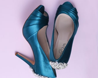 Dark Turquoise Wedding Heels, Crystal Heel Wedding Shoes, Blue Wedding Shoes, High Heel Shoes, Bling Bridal Heels, Custom Wedding Shoes,