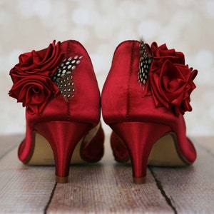 Wedding Shoes -- Rouge Peeptoes with Red Roses on Heel and Toe with Polka Dot Feather Accents