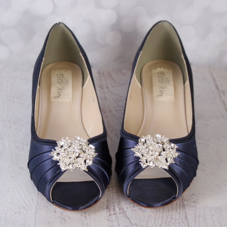 ladies navy blue satin low heel wedding shoes