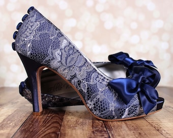 Navy Blue Wedding Shoes, Navy Blue Bridal Shoes, Navy Blue Bride Shoes, Lace Wedding Heels, Bow Wedding Shoes, Navy Blue Wedding