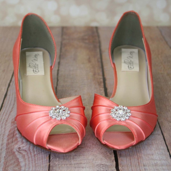 Coral Wedding Shoes, Wedding Shoes, Peeptoes, Kitten Heel, Low Heel Wedding Shoes, Wedding Shoes Coral, Custom Wedding Shoes, Coral Wedding