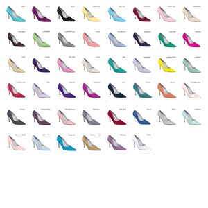 May include: A chart of 40 different colored high-heeled shoes. The shoes are arranged in rows of 10, with each row representing a different color.