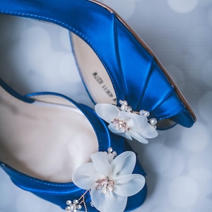 Royal Blue Wedding Shoes, Blue Bridal Heels, Flower Bridal Shoes, Custom Wedding Shoes, Chiffon Flower Shoes for Bride, Blue Bride Shoes