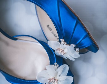 Royal Blue Wedding Shoes, Blue Bridal Heels, Flower Bridal Shoes, Custom Wedding Shoes, Chiffon Flower Shoes for Bride, Blue Bride Shoes