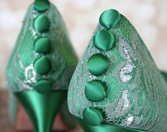 Wedding Shoes, Green Wedding Shoes, Wedding Shoes Green, Emerald Green Wedding, Lace Wedding Heels, Wedding Shoes with Bow, Green Wedding