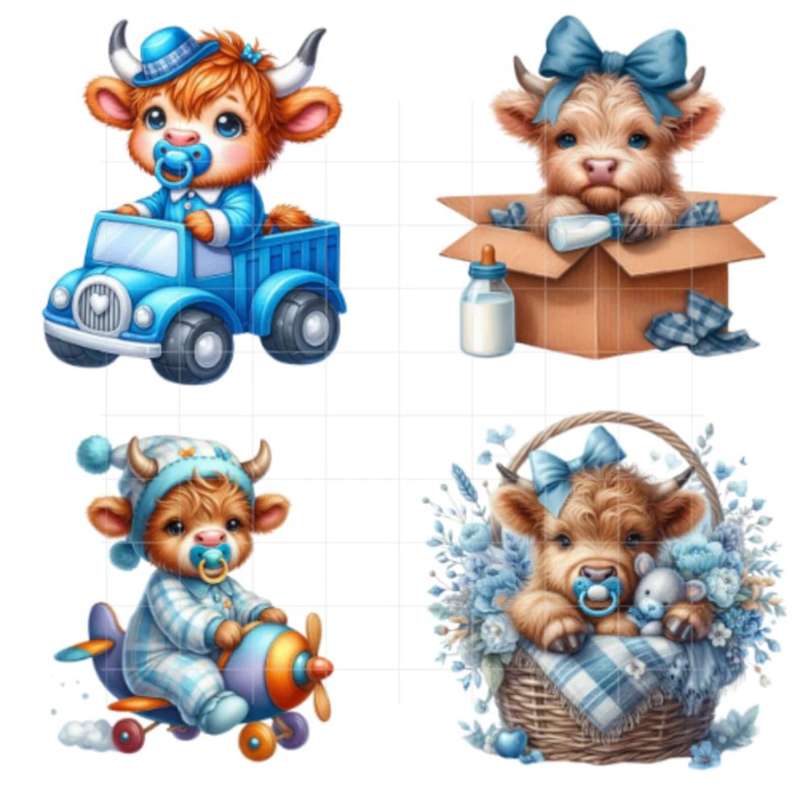 Baby Boy Highland Cow Watercolor Clipart Set, 63 PNG Transparent ...