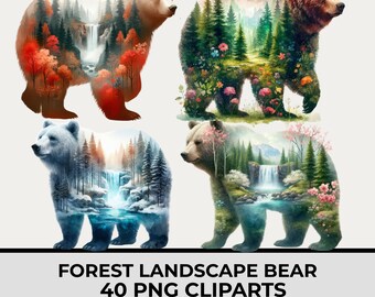 Clipart de oso de bosque en acuarela con cascada, 41 PNG, arte realista de oso, ilustración de vida silvestre del bosque, fondo transparente
