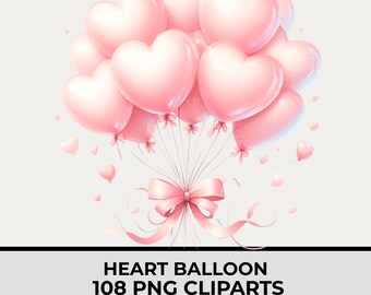 Watercolor Heart Balloon Clipart Bundle for Parties, Baby Showers & Birthdays, 108 PNG Transparent Background