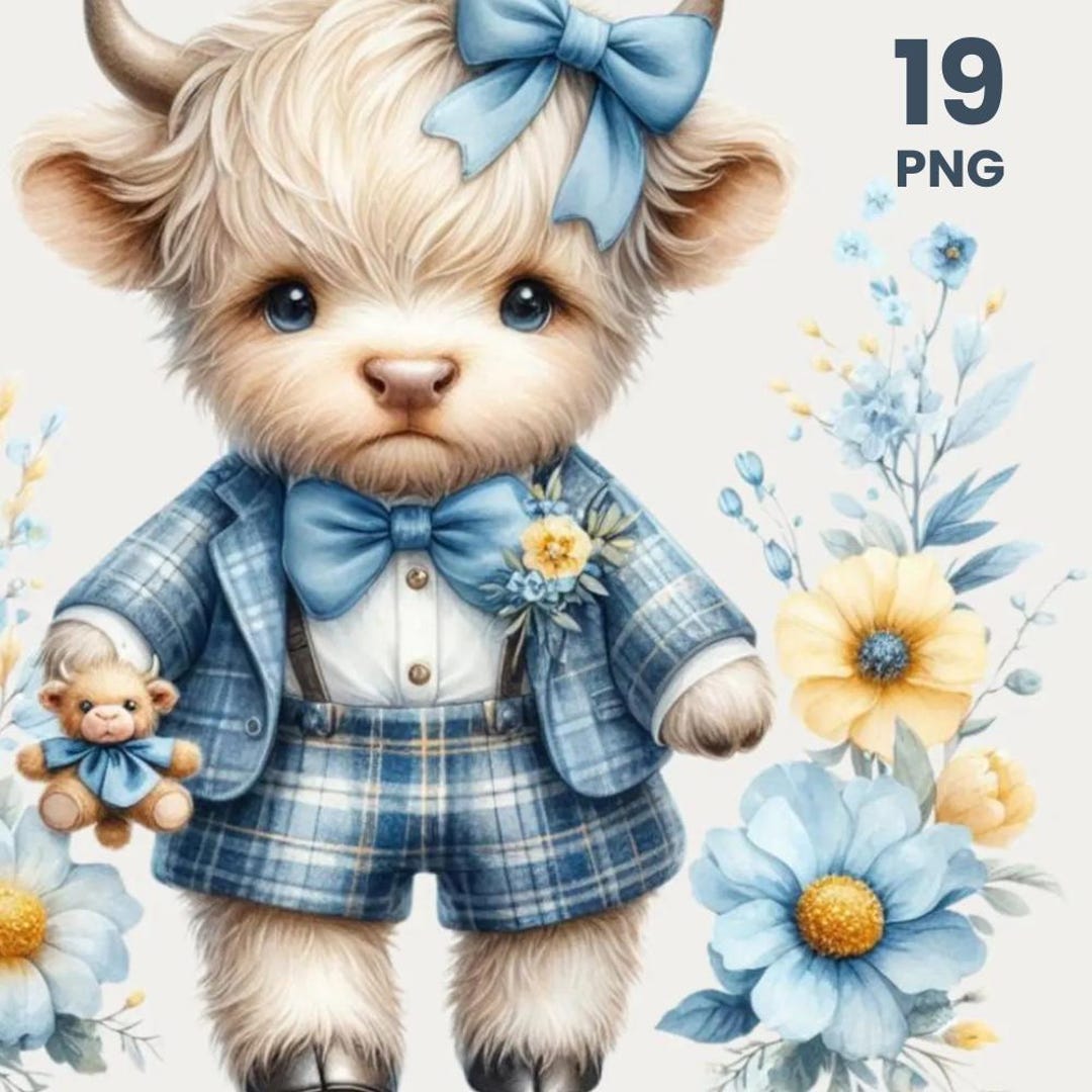 Baby Boy Highland Cow Watercolor Clipart Bundle – 19 PNG Transparent ...