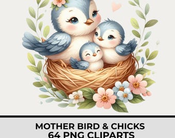 Mother Bird & Chicks Watercolor Clipart Set, 64 PNG Transparent Background, Cute Bird Family Illustrations for Mother’s Day