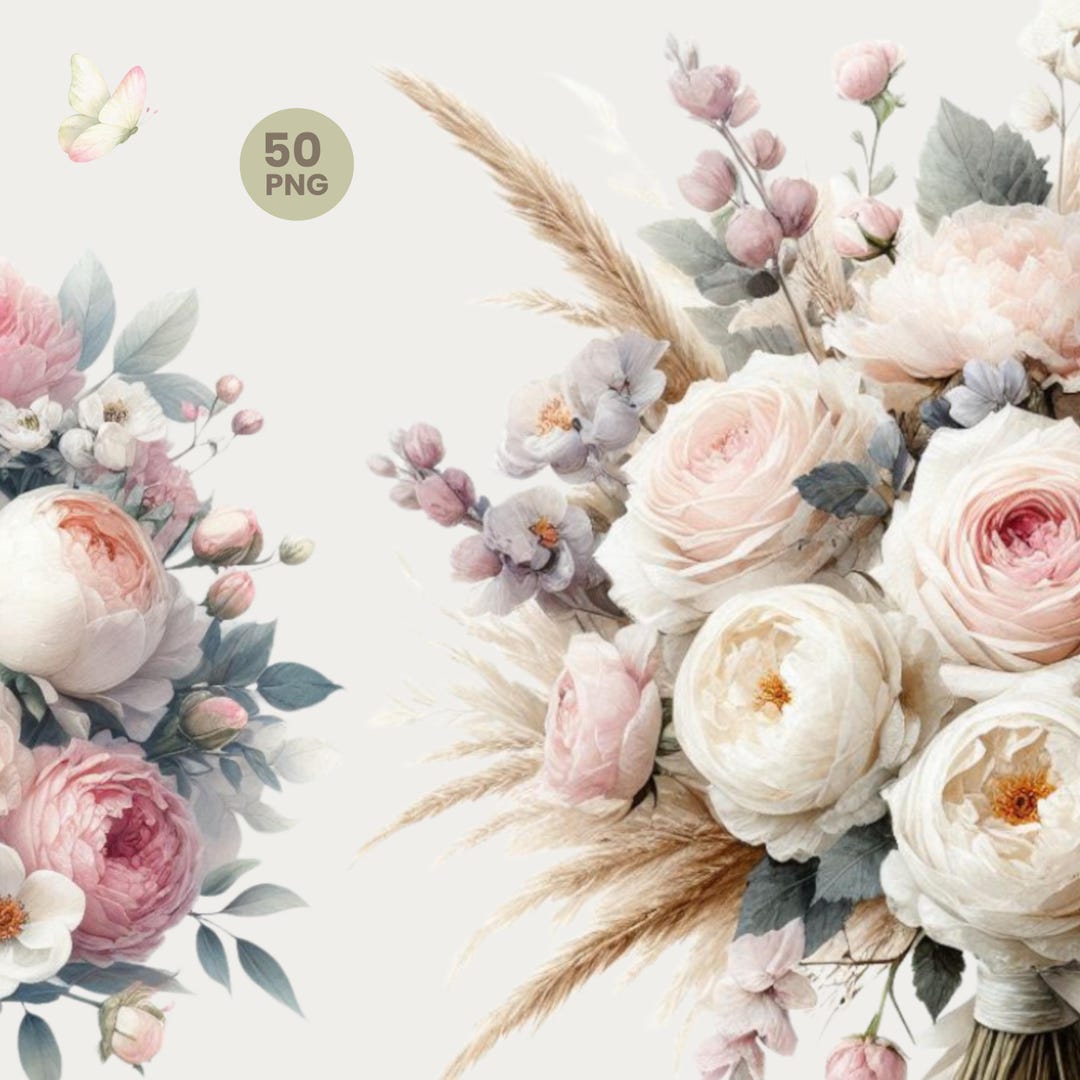 Watercolor Pink Roses & Peony Clipart Set, Romantic Wedding Bouquet ...