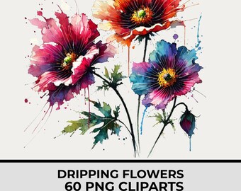 Dripping Flowers Clipart, 60 PNG, Abstract Dripping Floral Art, Botanical Illustration, Transparent Background
