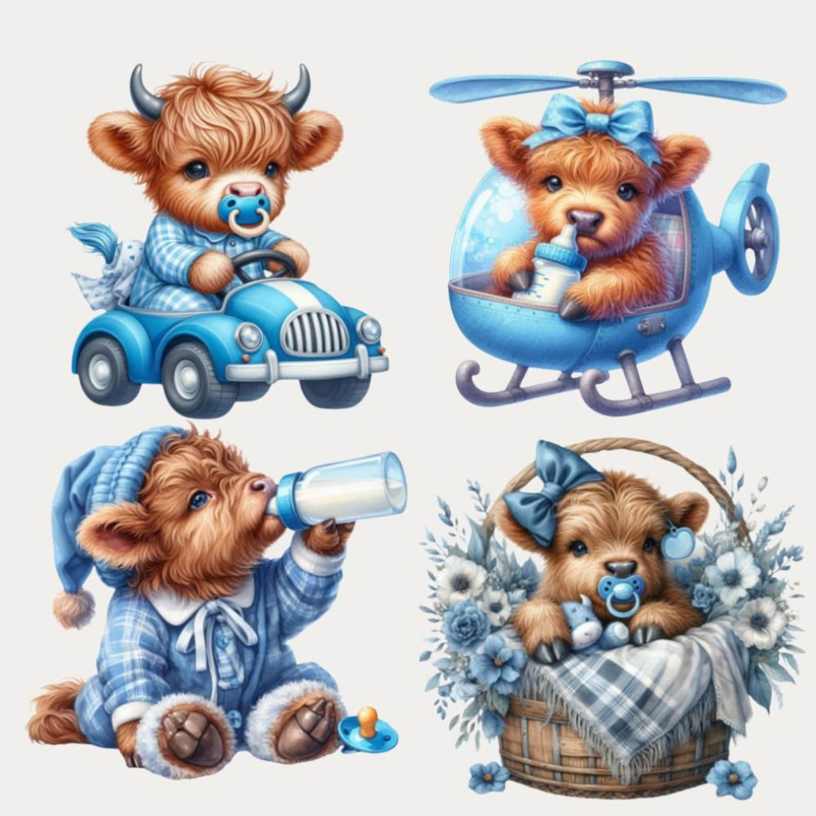 Baby Boy Highland Cow Watercolor Clipart Set, 63 PNG Transparent ...