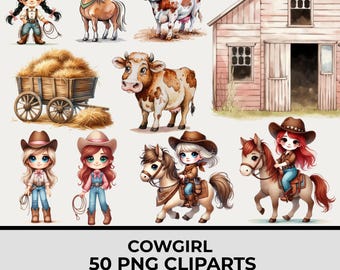 Cute Cowgirl Watercolor Clipart Bundle with 51 PNG, Baby Girl Western Clipart, Wild West Nursery Art, Transparent PNG