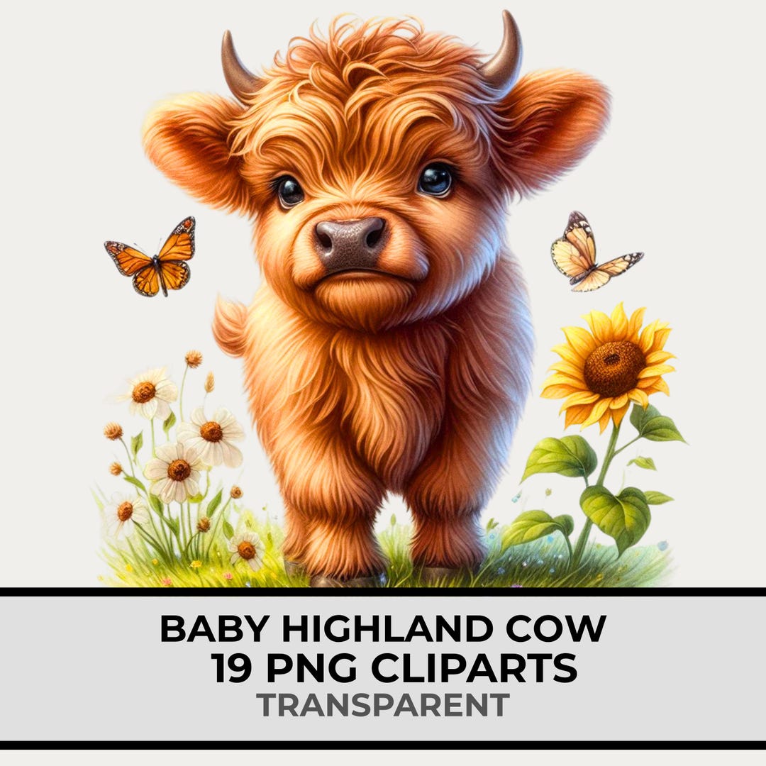 10 PNG - Highland Cow Watercolor Clipart, Baby Cow, Farm Animal Clipart ...
