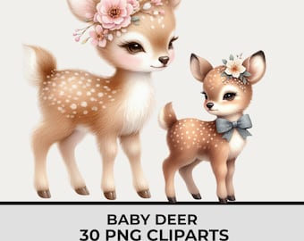 Pacchetto di clipart di cervi ad acquerello per decorazioni per la cameretta dei bambini, animali della foresta, decorazioni per baby shower, sfondo trasparente, 30 PNG