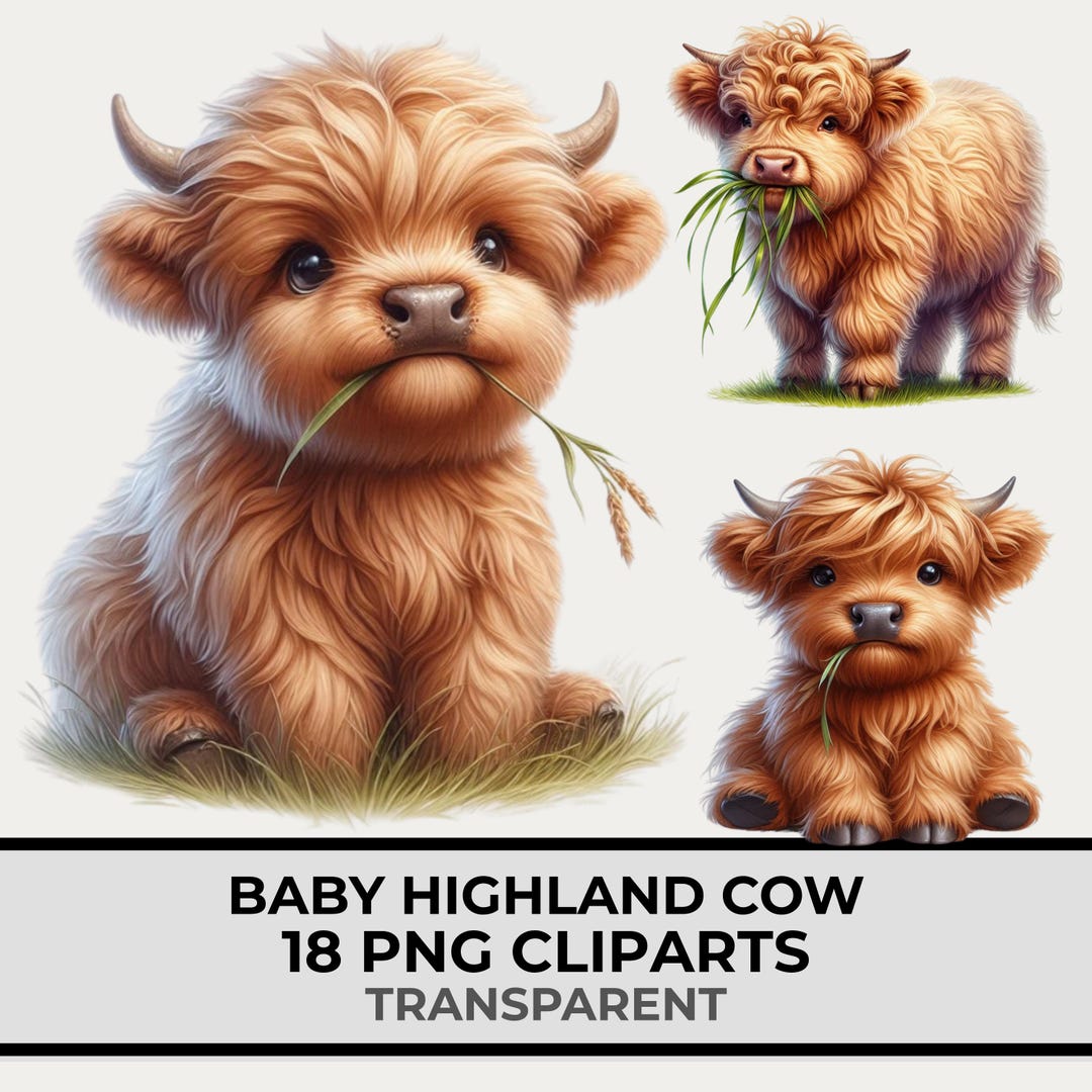 Watercolor Highland Cow Clipart Bundle 18 PNG, Cute Baby Cow Nursery ...