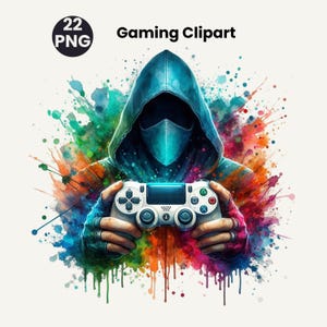 May include: A digital illustration of a figure in a teal hoodie and face mask holding a white game controller. The background features colourful paint splatters in shades of blue, green, orange, and red. Text at the top reads "Gaming Clipart".