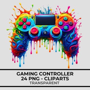 Pode incluir: Um design colorido de controle de jogos com efeito de respingo. O controle apresenta uma variedade de botões e uma tela central, com um esquema de cores vibrantes do arco-íris. O texto "GAMING CONTROLLER 24 PNG - CLIPARTS TRANSPARENT" é exibido na parte inferior.