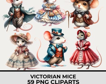 Victorian Mouse Clipart Bundle with 59 PNG, Watercolor Vintage Mice, Elegant Animal Illustrations, Transparent Background