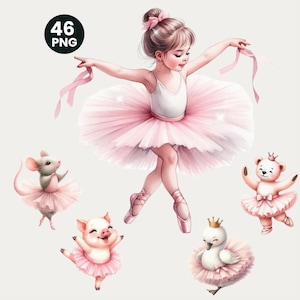 May include: Watercolor illustration of a young ballerina in a pink tutu, with matching ballet shoes and ribbons. Surrounding her are illustrations of a mouse, pig, bear, and swan, all wearing tutus. The image includes the text "46 PNG" in a black circle.