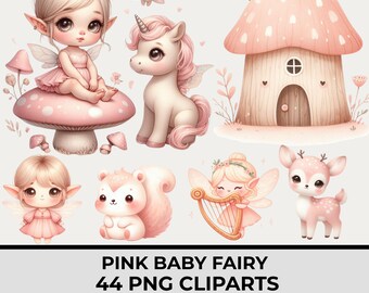 Pink Fairy Clipart Bundle with 44 PNG, Watercolor Fairy Garden, Mushrooms, Unicorn, Deer, Bunny, Transparent Background