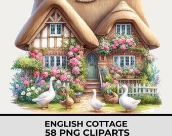 Charming English Cottage Clipart Bundle with 58 PNG, Watercolor Thatched Roof Houses, Floral Garden Cottage Art, Transparent Background