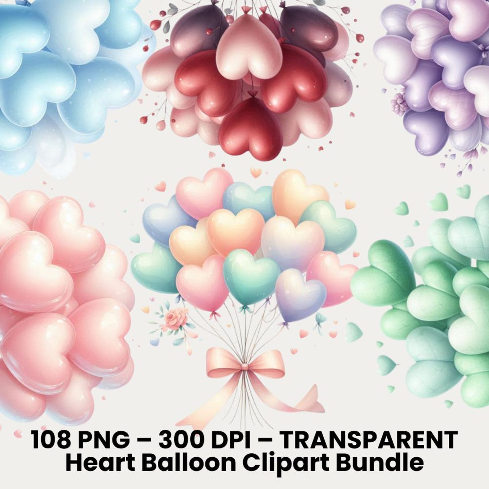 Watercolor Heart Balloon Clipart Bundle for Parties, Baby Showers ...