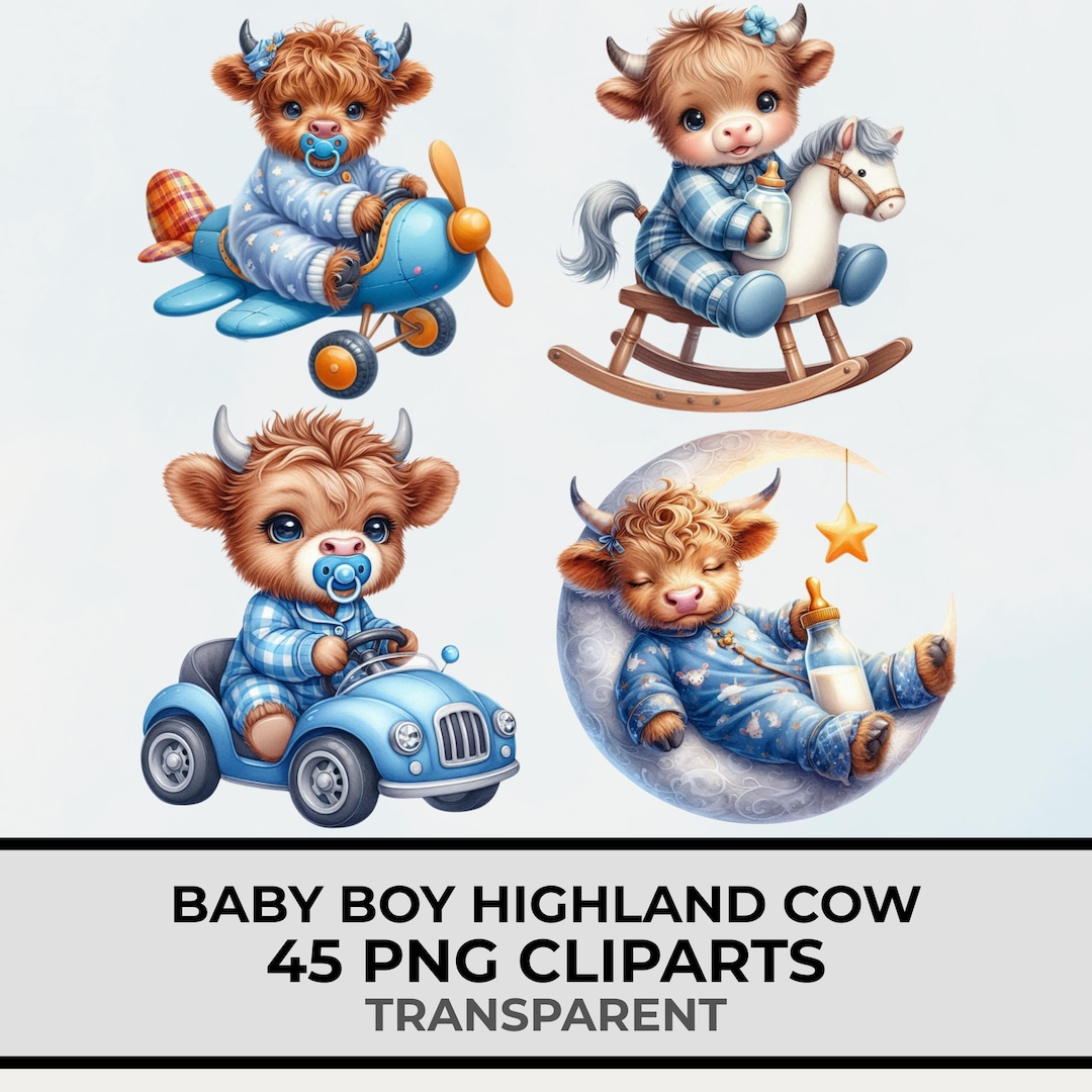 Baby Boy Highland Cow Watercolor Clipart Set, 45 PNG Transparent ...