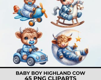 Baby Boy Highland Cow Watercolor Clipart Set, 45 PNG Transparent Background, Farm Nursery & Baby Shower Art