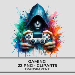 Könnte beinhalten: Digitale Illustration einer Person in einem blauen Kapuzenpullover, die einen weiß-schwarzen Videospiel-Controller hält. Der Hintergrund zeigt farbenfrohe Farbspritzer. Der Text "GAMING 22 PNG - CLIPARTS TRANSPARENT" ist enthalten.