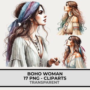 May include: Watercolour illustrations of a woman in boho style. The woman is wearing a headscarf, layered necklaces, and a flowing top. The image includes the text "BOHO WOMAN 17 PNG - CLIPARTS TRANSPARENT".