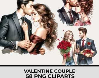 Conjunto de imágenes prediseñadas de pareja romántica en acuarela para San Valentín, bodas y proyectos de amor, 53 PNG con fondo transparente