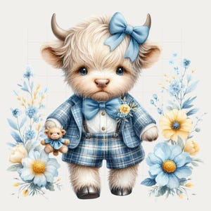 Baby Boy Highland Cow Watercolor Clipart Bundle – 50 PNG Transparent ...