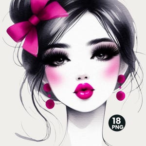 Pacchetto di clipart di loghi di bellezza di lusso, ritratti di ragazze alla moda ad acquerello, PNG trasparenti per il marchio di truccatori, 18 PNG