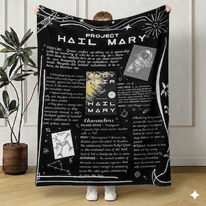 Può includere: Coperta nera con il titolo "Project Hail Mary" in bianco, insieme a illustrazioni e testo che descrivono la trama, i personaggi e il genere del libro. Il design include un'immagine della copertina del libro e un'illustrazione di un astronauta.