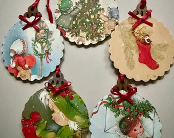 Handmade Vintage Upcycled Book Page Wood Ornaments Cute And Adorable Scenes set of 5