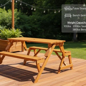 May include: A wooden picnic table with attached benches. The table seats four people, and the benches seat two. The weight capacity is 100lbs for the table, 200lbs for the seats, and 380lbs for the bench. The table is made of light brown wood.