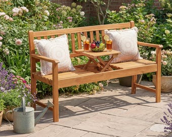 Outdoor Bench with Pull-Out Center Table, Wooden Garden Bench for Backyard Porch Balcony, Acacia Wood Loveseat, 2 Person Garden Seating