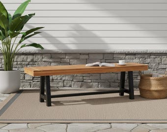 Outdoor Garden Bench, Wood Patio Bench, Weatherproof Acacia Wooden Bench for Porch, Backyard & Outdoor Dining, Long Narrow