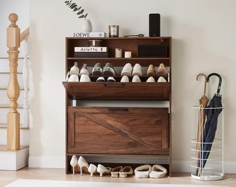 Shoe Cabinet Storage Entryway, Slim Shoe Rack Organizer with Flip Drawers, Wooden Shoe Storage Cabinet, Entryway Organizer